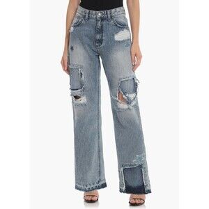 Avec Les Filles Jeans Rip & Repair Distressed Wide Leg Mid Rise Stargazer 24